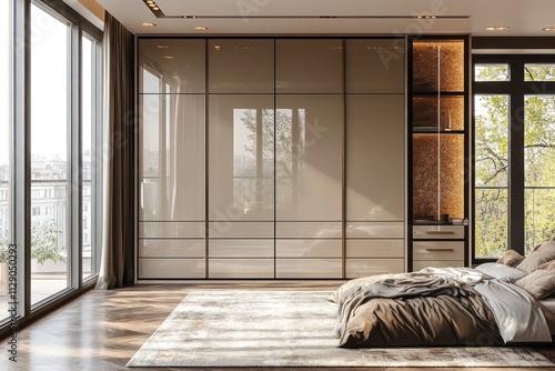 Sunlit modern bedroom with large sliding wardrobe and comfortable bed.