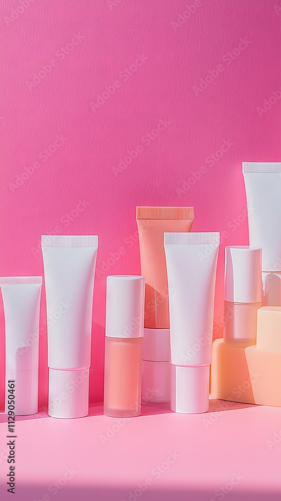 Collection of Cosmetic Tubes on Pink Background Collection of Cosmetic Tubes on Pink Background