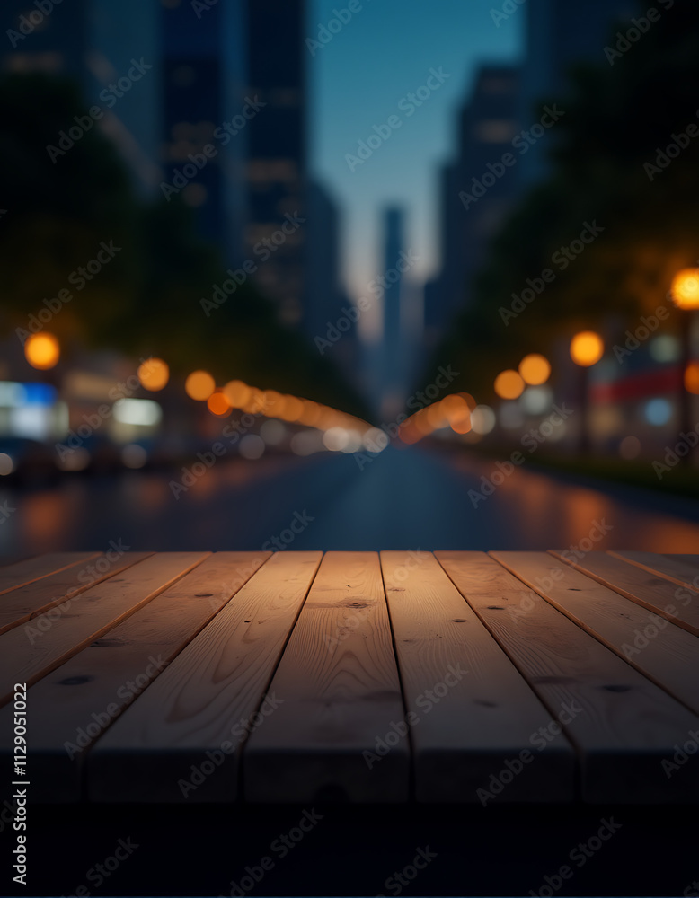 A minimalist wooden table sits empty amidst a blurred cityscape at night, perfect for displaying products or as a key visual._00002_ A minimalist wooden table sits empty amidst a blurred cityscape at night, perfect for displaying products or as a key visual._00002_
