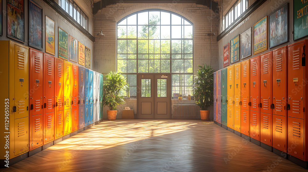 Colorful school lockers line a sunny hallway with large windows, posters, and plants. Sunlight streams through the large windows, illuminating the colorful lockers and wooden floor. Colorful school lockers line a sunny hallway with large windows, posters, and plants. Sunlight streams through the large windows, illuminating the colorful lockers and wooden floor.