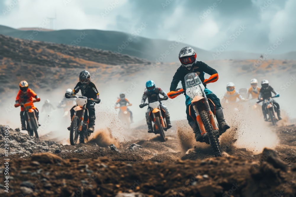Naklejka premium Dynamic Wide Angle Shot of a Group of Motocross Riders Racing Through Dusty Terrain in a Scenic Outdoor Setting