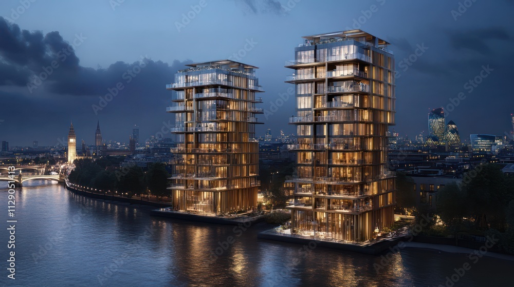 Two modern luxury residential towers on a river at dusk. Two modern luxury residential towers on a river at dusk.