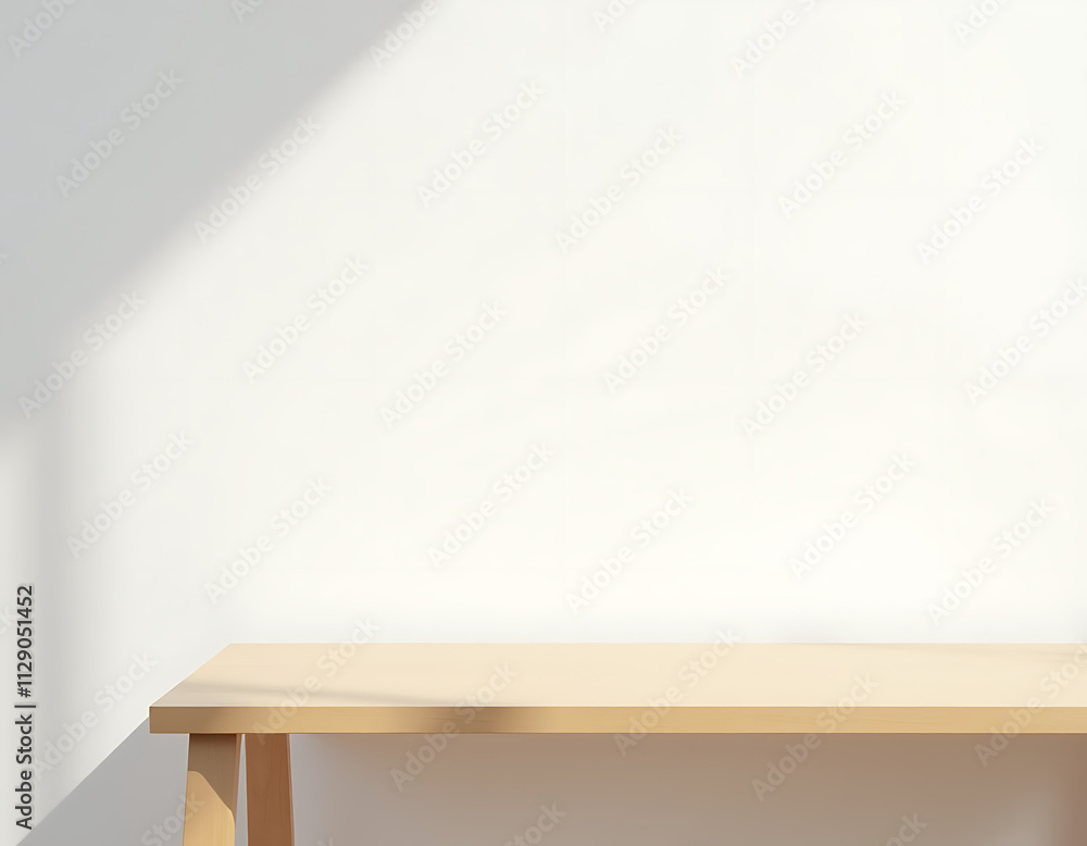 A minimalist design featuring a wood table top against a crisp white wall with subtle reflections from a nearby glass surface._00002_ A minimalist design featuring a wood table top against a crisp white wall with subtle reflections from a nearby glass surface._00002_