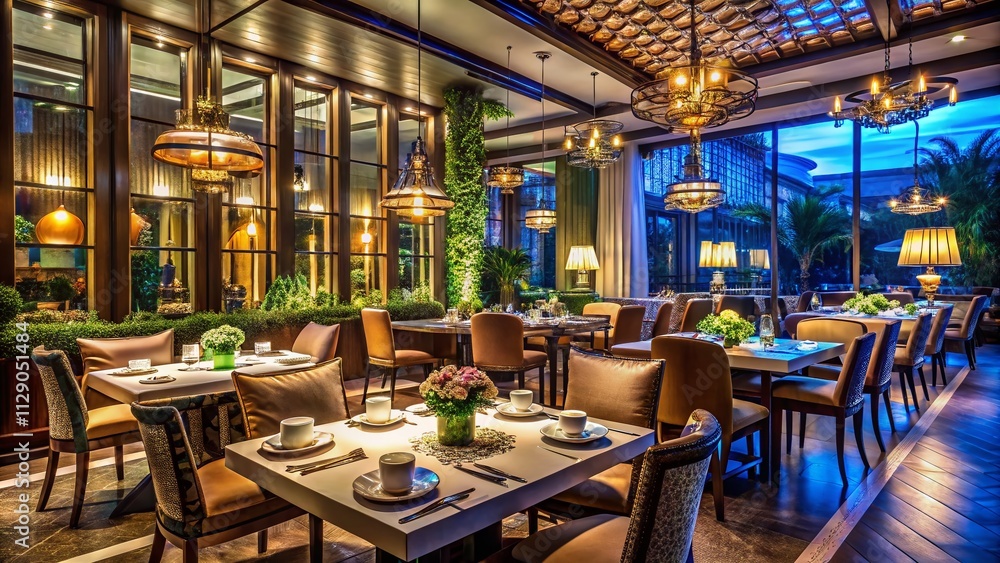 Luxurious Restaurant Interior at Night with Exquisite Decor and High Hygiene Standards, Ideal for Culinary Experiences and Elegant Dining Settings in a Classy Atmosphere Luxurious Restaurant Interior at Night with Exquisite Decor and High Hygiene Standards, Ideal for Culinary Experiences and Elegant Dining Settings in a Classy Atmosphere