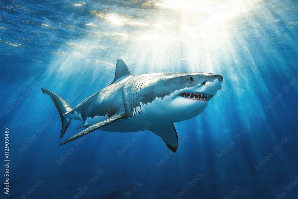 Obraz premium Great white shark swims in circles around