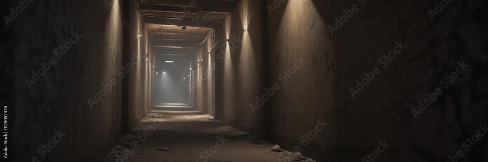 Narrow, dimly lit passage with a single, faint glow emanating from the far end, isolated illumination, shadowy path, gloom Narrow, dimly lit passage with a single, faint glow emanating from the far end, isolated illumination, shadowy path, gloom
