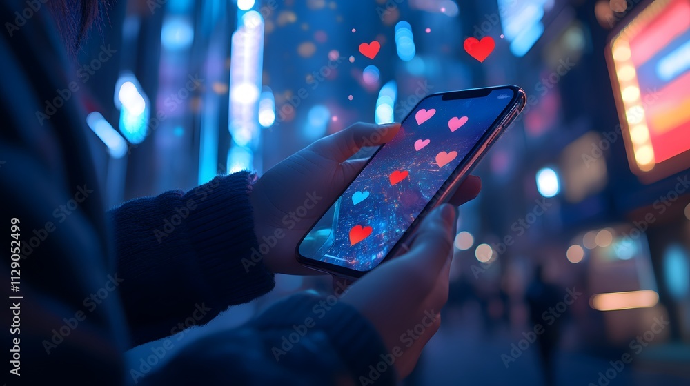 A close-up of hands holding a Phone, with social media icons floating above it and heart symbols on the screen A close-up of hands holding a Phone, with social media icons floating above it and heart symbols on the screen