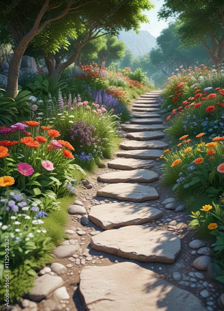 Winding stone path through lush greenery and vibrant flowers , outdoor, landscape, nature Winding stone path through lush greenery and vibrant flowers , outdoor, landscape, nature
