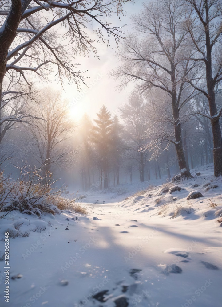 Fototapeta premium A quiet and peaceful winter morning scene with snowflakes gently falling, serene beauty, snowy morning, soft lighting