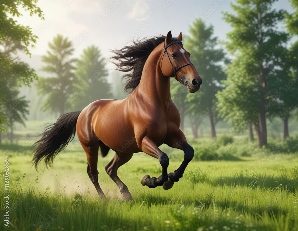 Arabian horse running through a lush green meadow, , wild and free, movement Arabian horse running through a lush green meadow, , wild and free, movement