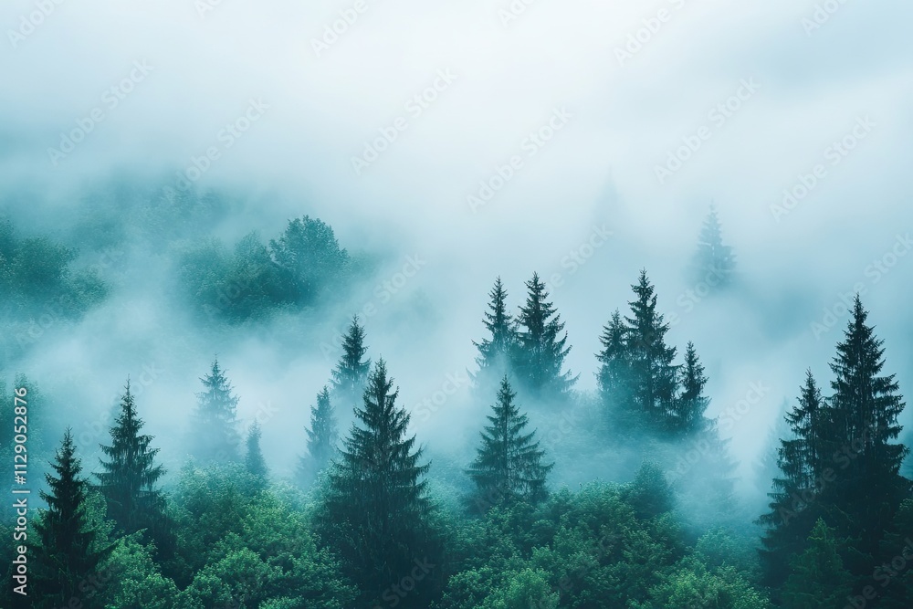Misty Mountain Forest With Tall Evergreen Trees Misty Mountain Forest With Tall Evergreen Trees