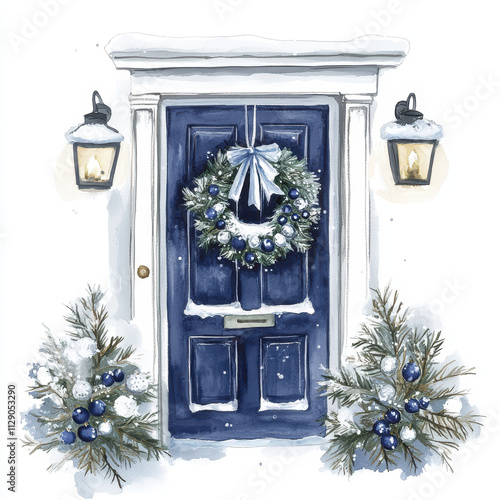 festive blue door adorned with wreath and snow covered decorations