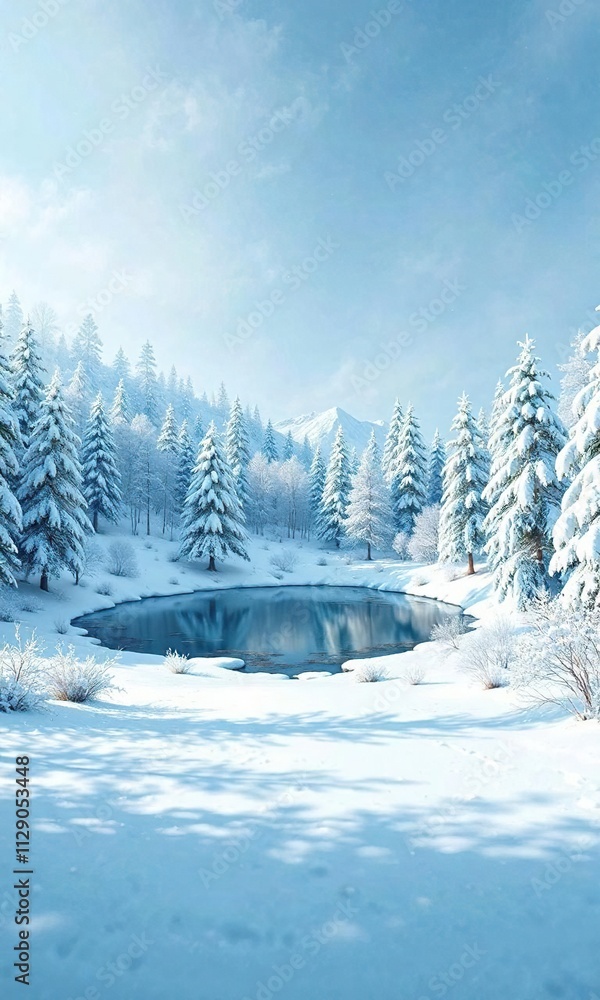 Winter landscape with snow-covered trees and a frozen pond, frosty scenery, snowy landscape, winter wonderland Winter landscape with snow-covered trees and a frozen pond, frosty scenery, snowy landscape, winter wonderland