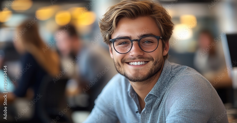 Smiling young man with glasses at a modern workspace filled with people engaged in various activities Smiling young man with glasses at a modern workspace filled with people engaged in various activities