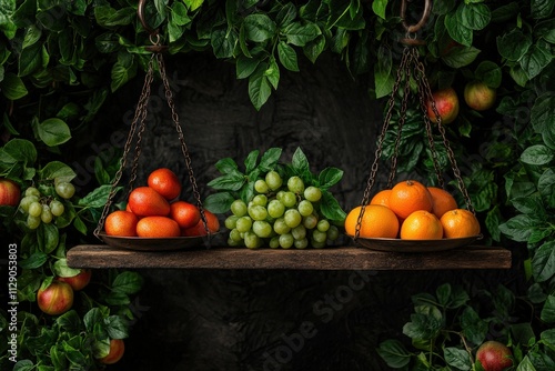 Vibrant fruits weighed at local market nature scene food photography close-up freshness concept