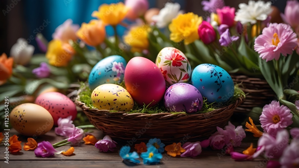 Fototapeta premium Colorful Easter Eggs Surrounded by Vibrant Flowers in a Cozy Setting