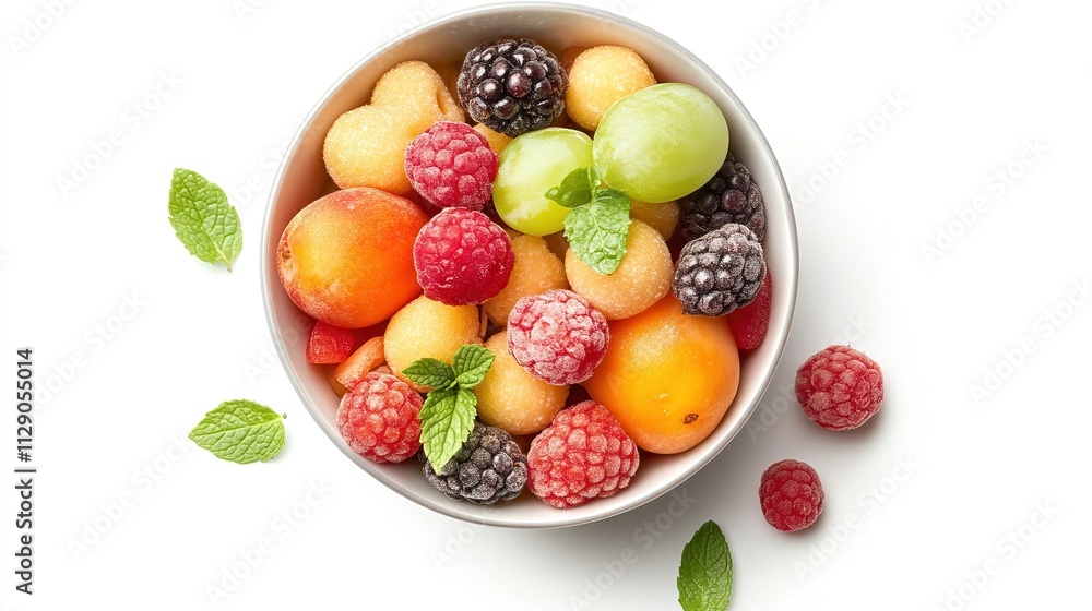 Healthy Breakfast: Cereal and Fruits for Weight Loss and Wellness Colorful Fresh Fruit Bowl with Mint Leaves on White Background Healthy Breakfast: Cereal and Fruits for Weight Loss and Wellness Colorful Fresh Fruit Bowl with Mint Leaves on White Background