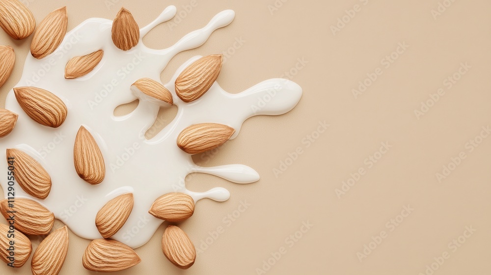 Almonds on Smooth Creamy Surface with Splashes of White Liquid Almonds on Smooth Creamy Surface with Splashes of White Liquid