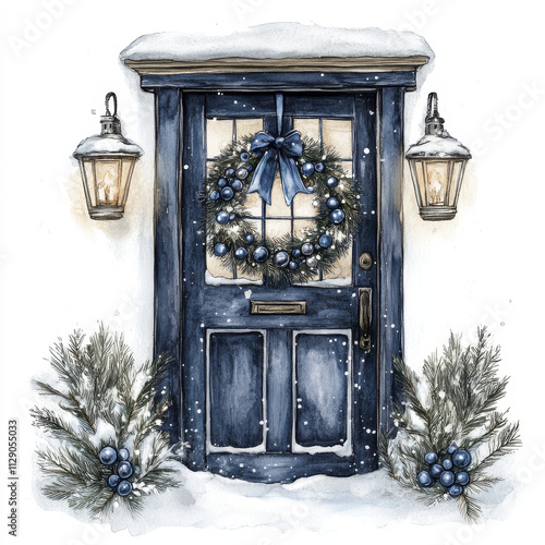 charming winter scene featuring blue door adorned with wreath, lanterns, and snow