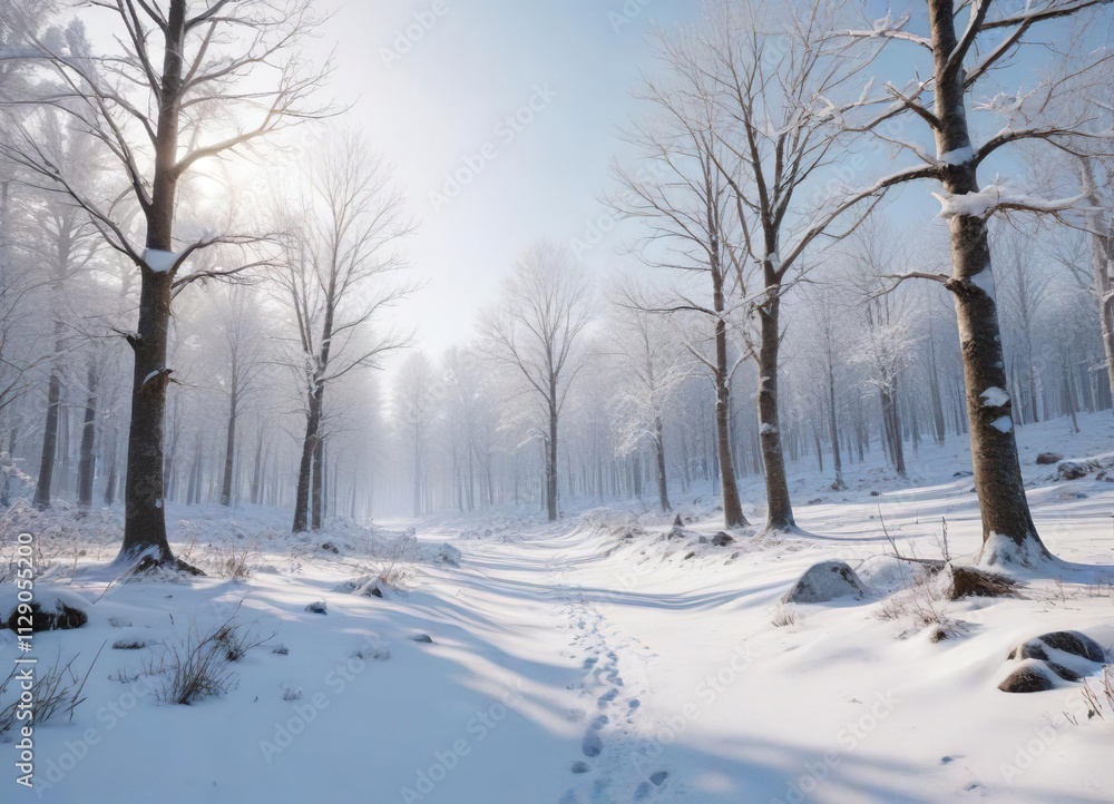 Winter wonderland scene featuring a snowy forest with bare trees and snow-covered ground, forest, frozen, snow Winter wonderland scene featuring a snowy forest with bare trees and snow-covered ground, forest, frozen, snow