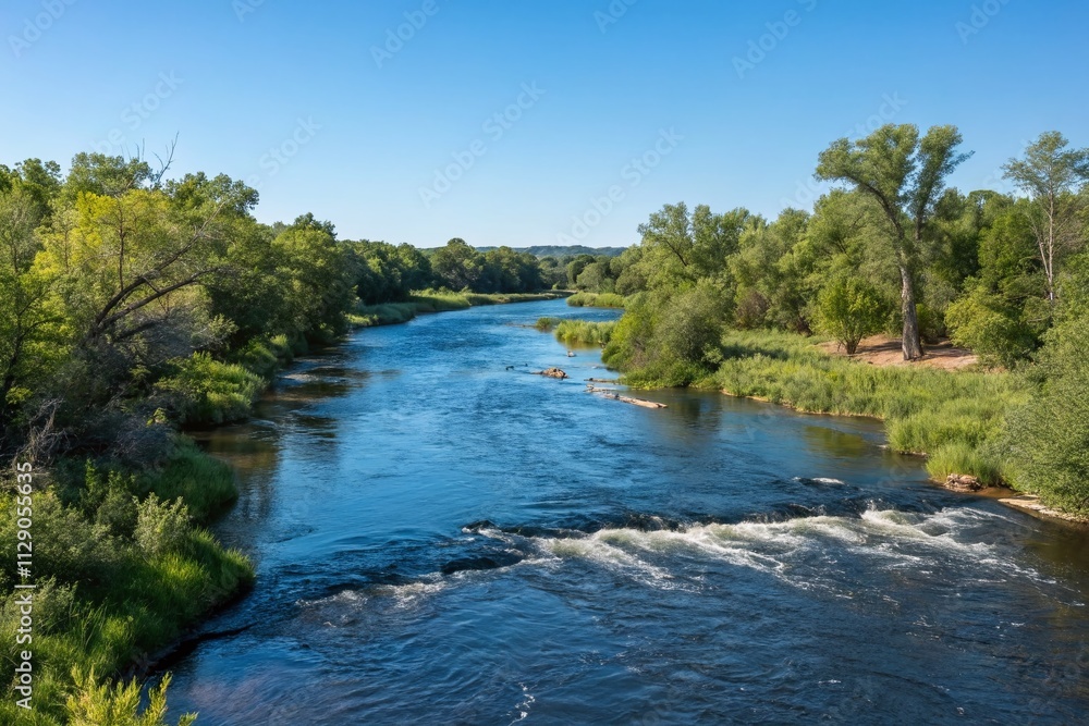 Majestic Flowing Large River Surrounded by Lush Greenery, Captured in the Rule of Thirds with a Stunning Sky Reflection and Serene Landscape in a Peaceful Natural Setting Majestic Flowing Large River Surrounded by Lush Greenery, Captured in the Rule of Thirds with a Stunning Sky Reflection and Serene Landscape in a Peaceful Natural Setting