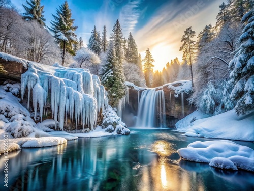 Majestic Frozen Waterfall and Tranquil Lake Art Background for Stunning Portrait Photography and Winter Scenery Displays