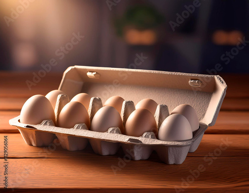 Fresh organic chicken eggs in open carton pack or egg container on brown background, set 10 of 12, stock photo photo