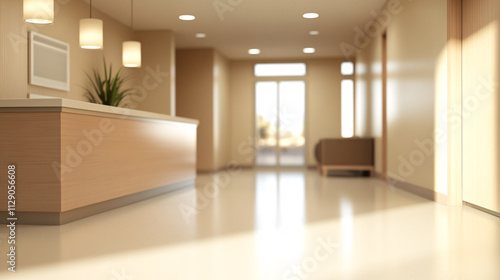 A blurred hospital reception area with faintly visible walls, furniture, and light fixtures. The soft lighting and defocused perspective highlight the sterile and calm atmosphere, while gentle