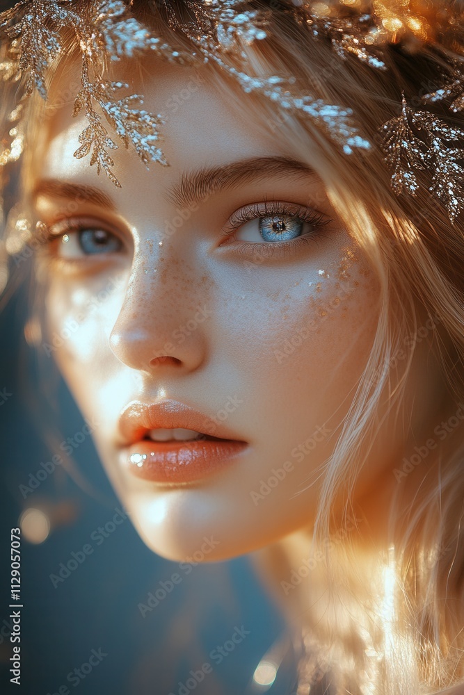 Portrait of a young woman with shimmering makeup, adorned with golden leaves, capturing the enchanting light of a serene afternoon Portrait of a young woman with shimmering makeup, adorned with golden leaves, capturing the enchanting light of a serene afternoon