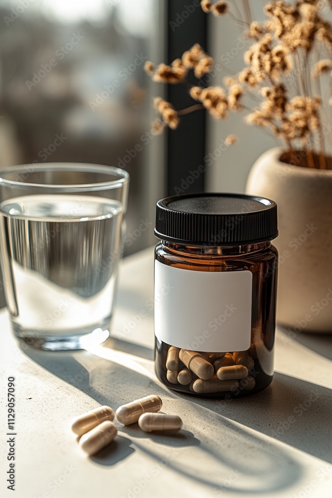Natural wellness routine with herbal capsules and clear water in a serene indoor setting during the afternoon sunlight Natural wellness routine with herbal capsules and clear water in a serene indoor setting during the afternoon sunlight