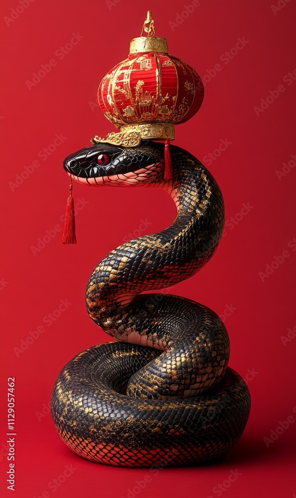 Fototapeta premium elegant snake coiled gracefully, wearing a red and gold crown with a Chinese lantern accessory, vibrant red background, Chinese New Year theme, festive and majestic, copy space