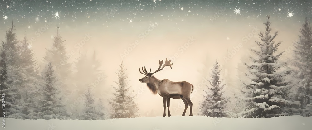 A cheerful reindeer stands in a snowy forest under glowing stars, creating a magical holiday scene A cheerful reindeer stands in a snowy forest under glowing stars, creating a magical holiday scene