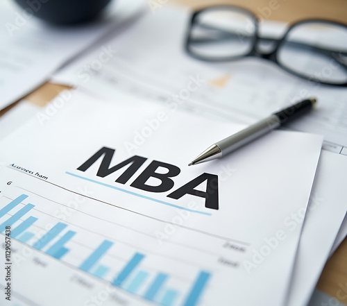 A business document featuring an MBA related concept is placed on a desk among other papers for reference._00001_ photo