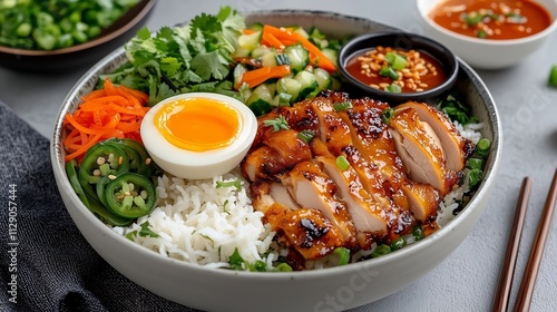 Overhead View of Vibrant Thai Khao Man Gai Dish with Chicken Soup and Garnishes on Pastel Background