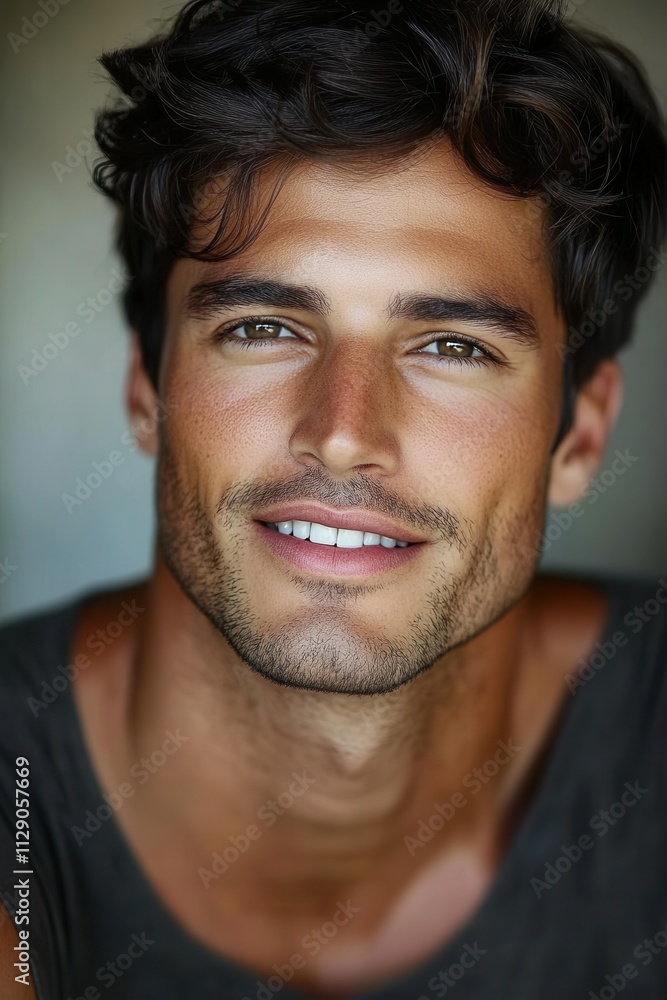 Obraz premium Handsome young man with curly hair smiles confidently in a casual sleeveless top, showcasing a relaxed and approachable demeanor indoors