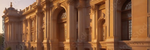 Palace facade illuminated by warm golden light as sunset casts its gentle glow on the surroundings, daytime, serene, peaceful