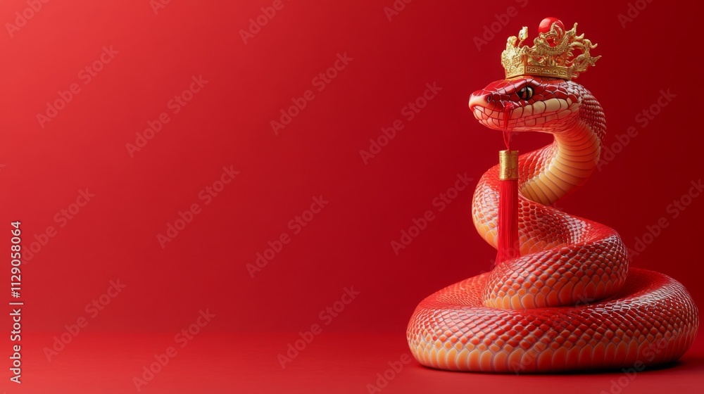 Obraz premium elegant snake coiled gracefully, wearing a red and gold crown with a Chinese lantern accessory, vibrant red background, Chinese New Year theme, festive and majestic, copy space
