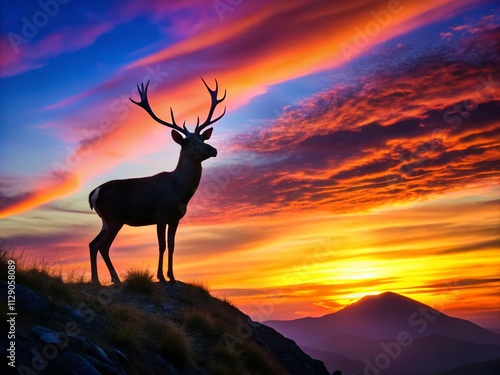 Majestic Silhouette of a Deer on a Mountain Peak Against a Stunning Sunset Sky, Capturing the Beauty of Nature and Wildlife in a Serene Landscape Scene