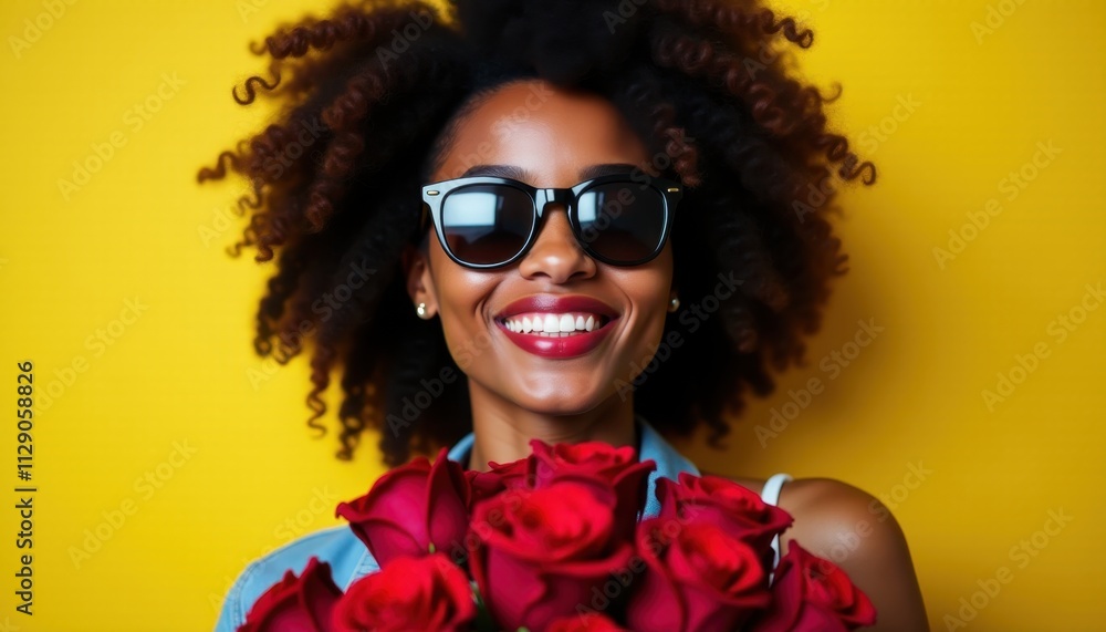 Black woman with sunglasses holding red roses, smiling against a bright yellow background.
Black woman with sunglasses holding red roses, smiling against a bright yellow background.
