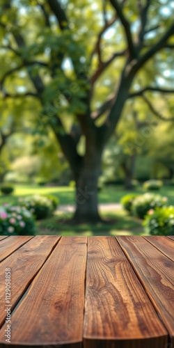 Wooden table in a lush garden with blurred background of trees and flowers during a sunny day