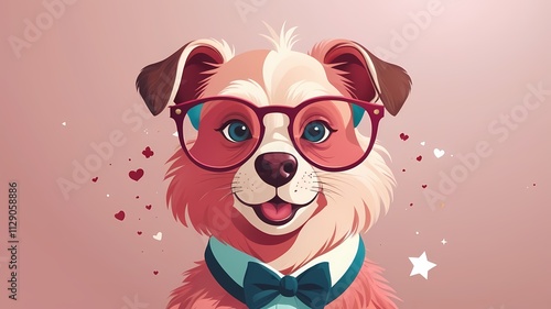 Cute puppy dog wearing glasses and a fly. Surrounded by small hearts and symbols. Pink background.