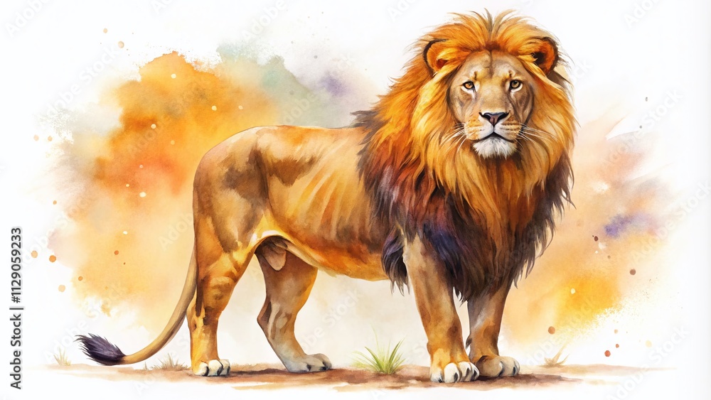 Obraz premium Majestic Watercolor Illustration of a Standing Male Lion Isolated on White Background, Capturing the Splendor and Power of This Iconic African Animal in Stunning Detail