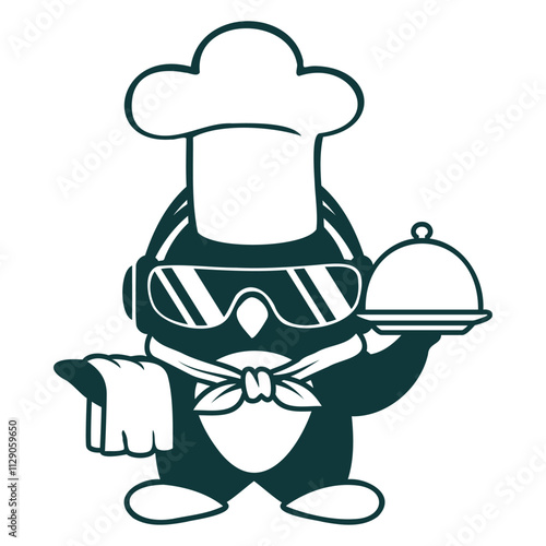 Penguin Chef Chef's Hat Cooking Cool Sunglasses Design Lover Art Vector Illustration Card T-Shirt Poster Sticker Graphic Print Decorative Drawing Isolated Logo Decoration Symbol Creative Cool Style
