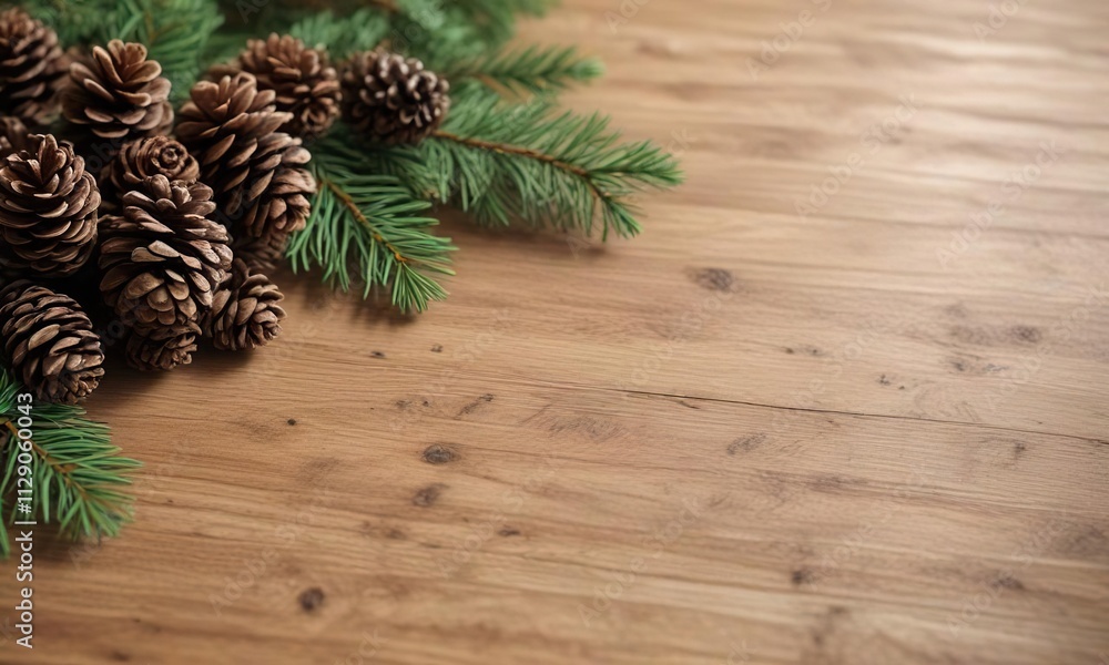 Pine branches and pine cones on a wooden table, forest inspired, pine cones, textured element Pine branches and pine cones on a wooden table, forest inspired, pine cones, textured element
