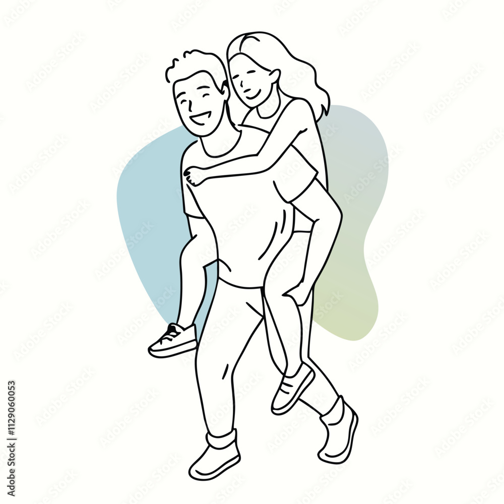 a black and white line drawing of a man carrying a woman on his back a black and white line drawing of a man carrying a woman on his back