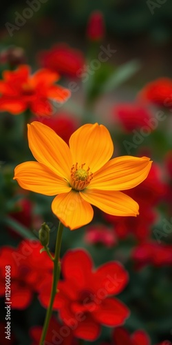 Bright orange flower blooming amidst vibrant red flowers in a lush garden setting during springtime