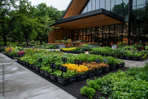 Vibrant outdoor farmers market in modern urban plaza fresh produce showcase lush greenery inviting atmosphere community gathering