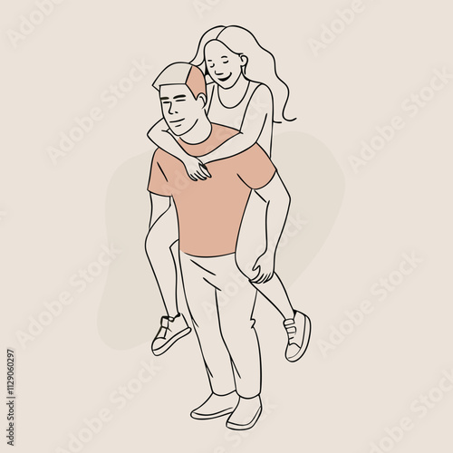 a black and white line drawing of a man carrying a woman on his back