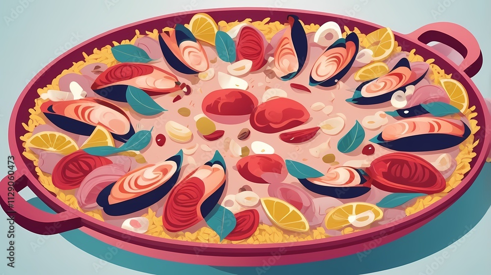 Fototapeta premium Illustration of the Spanish dish Paella. Paella in a pan with blue background.