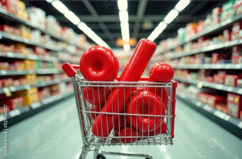 Shopping cart filled with bold red percentage signs in a vibrant supermarket aisle photo